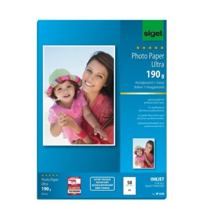 Obrázek SIGEL IP639 Inkoustový fotopapír Ultra, A4, 50 listů, vysoce lesklý, extrémně odolný vůči světlu, 190 g, pro kvalitní fotografie