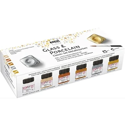 Obrázek KREUL 16603 Glass &amp; Porcelain Set Classic metalické barvy, 6 x 20 ml barva a štětec, brilantní, metalicky krycí na sklo porcelán bázi vody