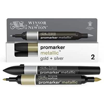 Obrázek Winsor &amp; Newton 0290150 metalický popisovač, profesionální zvýrazňovač 2 hroty, jemné a široké pro kresby, design rozvržení 2dílná sada ve zlaté stříbrné barvě