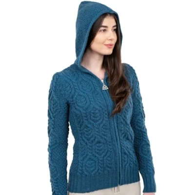 Obrázek SAOL Dámský kardigan ze 100% merino vlny s kapucí a zipem, Modrozelená