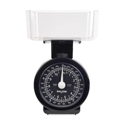 Obrázek Salter Mechanická kuchyňská váha 114 BKCLDR analogová potravinářská váha, max. 5 kg, Inclus vhodná do myčky nádobí, pečicí s dobře čitelným ciferníkem, funkce vážení, retro kuchyně váhy, černá