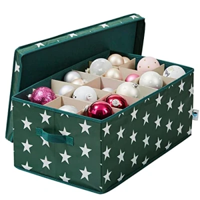 Obrázek LOVE IT STORE Úložný Box na vánoční koule pro dekorace z látky zesílený kartonem 30 přihrádek tmavě zelený s hvězdami 58 x 36 25 cm