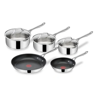 Obrázek Tefal E304S5 Jamie Oliver Cook`s Direct On 8dílná sada pánví z ušlechtilé oceli: pánve 20/28 cm + kastrol 16/18/20 poklice nepřilnavý povrch, ukazatel teploty, indukční