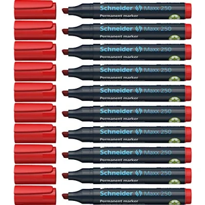 Obrázek Schneider Maxx 250 permanentní značkovač s klínovým hrotem (tloušťka části: 2 + 7 mm, doplňovatelné) balení 10 ks červená