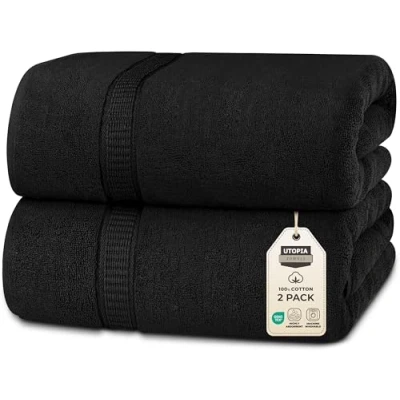 Obrázek Utopia Towels 2 velké osušky z bavlny s věšákem, ručníky do sauny, osušky, 90 x 180 cm (černé)
