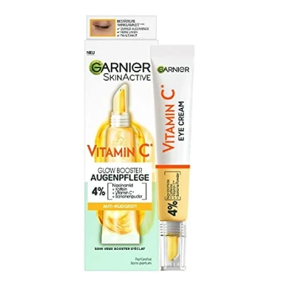 Obrázek Garnier oční krém proti únavě vitaminu C, pro zářivou a bdělou partii, kruhům pod očima vranovým nohám, péče o oči Glow Booster, SkinActive, 1 x 15 ml