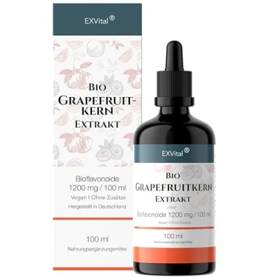 Obrázek EXVital Bio extrakt z jader grapefruitu, 1200 mg bioflavonoidy / 100 ml. Laboratorně testován a biocertifikován. 2600 grapefruitu jádra skořápky. Vysoká dávka, veganský. ApoTest: &quot;Velmi