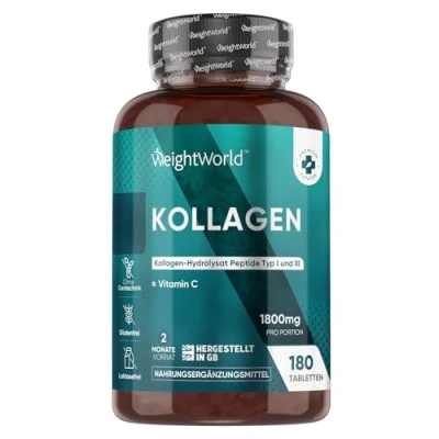 Obrázek Kollagen Tabletten 1800mg Hydrolysierte Collagen Peptide Typ 1 &amp; 3 mit Vitamin C 180 Marine 2 Monate Vorrat Für Zellschutz, Knochen, Haut aktives Leben Von WeightWorld