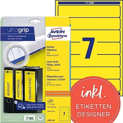 Obrázek Avery Zweckform L4765 20 hřbetní štítky (A4, 140 štítků na hřbetu, úzký/krátké, 38 x 192 mm) listů, žluté