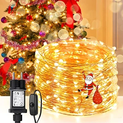 Obrázek Měděný drát s LED LE, světelný řetěz, vodotěsný, hvězdy, řetěz vypínačem, teple bílý, 10m