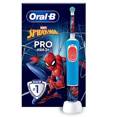 Obrázek Oral B elektrický zubní kartáček pro Kids Spiderman / děti od 3 let, včetně režimu Sensitiv+ péči o zuby, extra měkké štětiny, 1 nasazovací kartáček, 4 nálepky,
