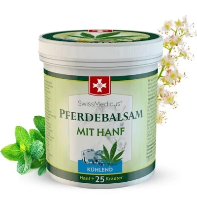 Obrázek SwissMedicus Koňský balzám s konopím 500 ml chladivý účinek pro svaly a klouby 25 přírodními extrakty každodenní použití přírodní gel