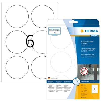 Obrázek HERMA 8336 Fóliové etikety odolné vůči povětrnostním vlivům, kulaté, 25 listů, Ø 85 mm, 6 archů A4, 150 kusů, samolepicí, lze potisknout, matné, prázdné lepicí z fólie, bílé