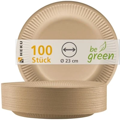 Obrázek HEKU be green 100 bio lepenkových talířů, Ø 23 cm I certifikováno FSC biologicky odbouratelné, univerzální a ekologické ideální pro grilování, pikniky večírky