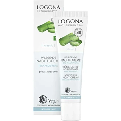 Obrázek bio noční krém od LOGONA přírodní kosmetika pro intenzivní hydrataci s Aloe Vera a bambuckým máslem, na obličej při suché pokožce noc, veganská péče, 30 ml