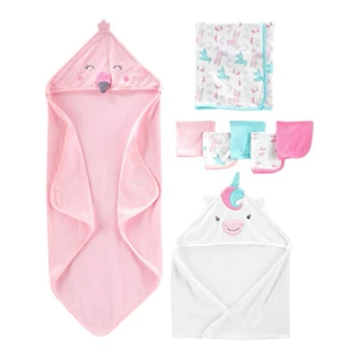 Obrázek Simple Joys by Carter&#039;s Unisex Baby 8dílná sada ručníků a žínek, multibalení, Růžový plameňák/bílý jednorožec