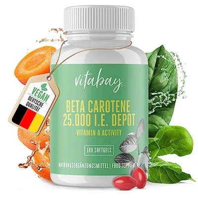 Obrázek Vitabay Beta Carotin Depot kapsle pro opalování 180 veganských jemných gelů s 25000 IE předchůdce vitaminu A ve vysokých dávkách opálení mrkvová šťáva karoten