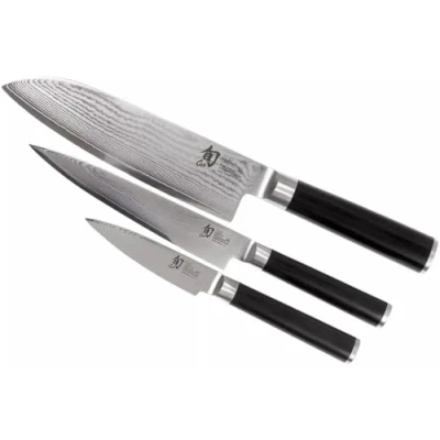 Obrázek KAI Shun Classic japonský kuchařský nůž 3dílná sada Santoku 18 cm délka čepele + univerzální 15 kancelářský 9 cm, damaškový 32 vrstev VG MAX jádro, 61 HRC, dřevo Pakka
