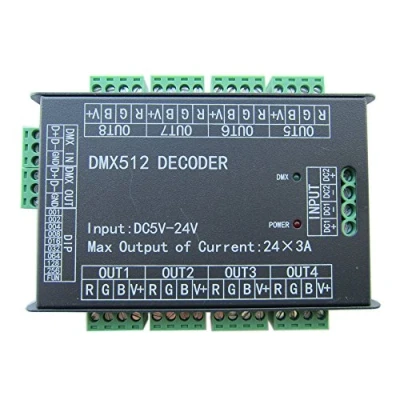 Obrázek High Power 24 kanálů RGB 3A/CH DMX512 Controller LED dekodér stmívač 500 Hz Flicker Free Smoother Dimming DMX Signal Indicator Flashes Function DC 5V 24V
