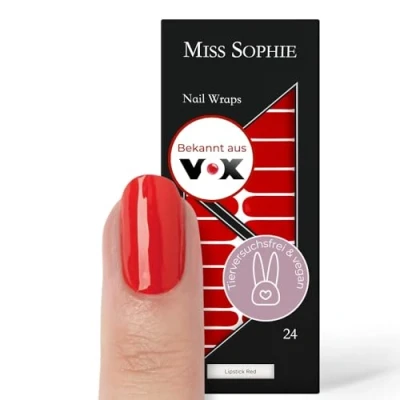 Obrázek Originální Miss Sophie fólie na nehty Lipstick Red i 24 ultra tenké proužky laky jednobarevné rukou a nohou Drží přírodních lakovaných, akrylových, gelových
