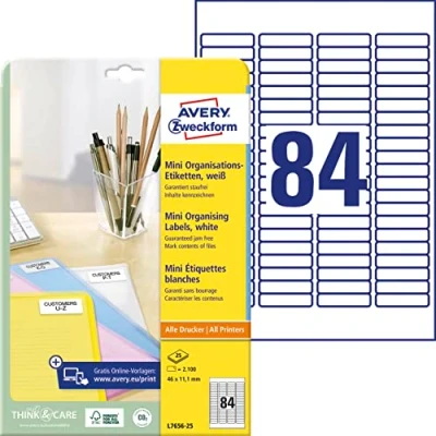 Obrázek AVERY Zweckform L7656 25 mini organizační etikety (46 x 11,1 mm na DIN A4, samolepicí víceúčelové etikety, lze potisknout, pro organizaci a označení) 2.100 nálepek listech, bílé