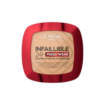 Obrázek L&#039;Oréal Paris Vodotěsný pudrový make up s vysokou krycí schopností, stropní kompaktní pudr matným finišem a trvanlivostí 24 h, Infaillible 24H Fresh Wear Foundation Powder, č. 220 Sand, 1 x 9 g