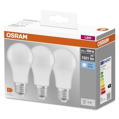 Obrázek Osram LED Base Classic A žárovka ve tvaru žárovky se zásuvkou E27, nestmívatelná, Nahrazuje 100 W, Matný, Studená Bílá 4000 Kelvinů, 3 ks