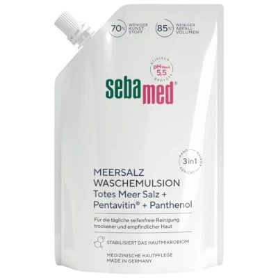 Obrázek SEBAMED Mořská sůl Mycí emulze 400 ml doplňovací sáček, pro každodenní čištění obličeje, těla a rukou, působí proti vysušení, s originální z Mrtvého moře