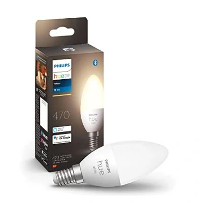 Obrázek Philips Hue White E14 svíčka jednotlivá balení 470 lm, stmívatelná, teplé bílé světlo, regulovatelná pomocí aplikace, kompatibilní s Amazon Alexa (Echo, Echo Dot), plast