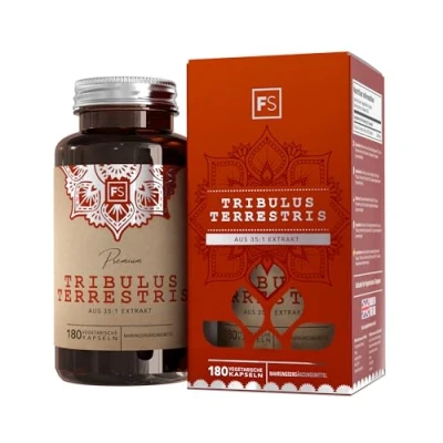 Obrázek FS Tribulus Terrestris 180 kapslí ve vysokých dávkách 2500 mg (z extraktu 35:1) v jedné kapsli genetické, lepkové a nealergenní Vyrobeno Velké Británii