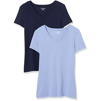 Obrázek Amazon Essentials Dámské tričko s krátkým rukávem výstřihem do V, klasický střih, balení 2 ks, purpurová/námořnická modrá, XS