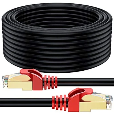 Obrázek MutecPower 50m CAT 7 venkovní použití vodotěsný Direct Burial RJ45 Ethernet síťový kabel SSTP 600 MHz černý 50 metrů s kabelovými sponami a svorkami