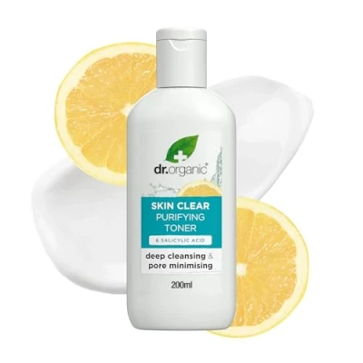 Obrázek Toner Dr Organic Skin Clear 5 v 1, čisticí, proti akné a čisté pokožce, mastná, problematická pleť, veganský, netestovaný na zvířatech, neobsahuje parabeny SLS, bio, 200 ml