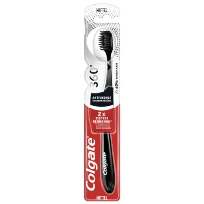 Obrázek Colgate Zubní kartáček s aktivním uhlím 360, 1 kus se středně tvrdými štětinami a pro důkladné čištění zubů integrovaný čistič tváří jazyka