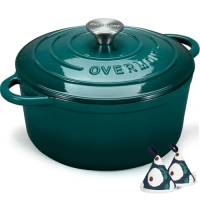 Obrázek Overmont Pekáček, smaltovaný, litinový hrnec na dušení 28 cm, vhodný do trouby s víkem a kuchařkou pro kuchyň, pečení, dušení, mořská modř