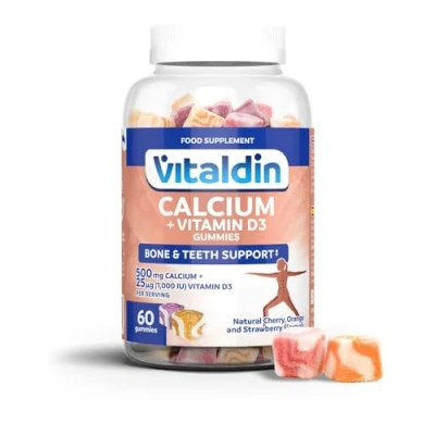 Obrázek VITALDIN Vápník + vitamin D3 Gummies 500 mg vápníku a 1 000 IU vitaminu D 60 ovocných gumiček (1 měsíc) ovocná příchuť pro zachování normálních kostí zubů bez lepku děti dospělé