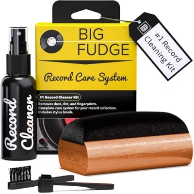 Obrázek Big Fudge Čisticí sada 4 v 1 pro vinylové desky čištění gramofonových desek vč. měkkého sametového kartáče odolného proti poškrábání, kartáč Stylus, čisticí roztok XL &amp; sáček profesionální čistič