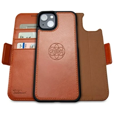 Obrázek Dreem Fibonacci kompatibilní s iPhone 14 Plus pouzdro na peněženky / 2 v 1 nárazuvzdorné a odnímatelné fólie z veganské kůže, MagSafe, RFID ochrana [karamel]