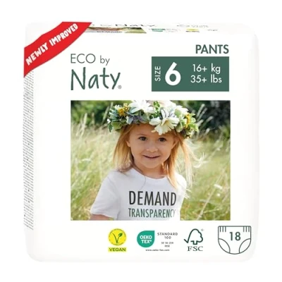 Obrázek Eco by Naty Dětské plenky Pants ekologické prémiové bio do kalhotek z rostlinných materiálů, velmi savé a bez nebezpečných chemikálií (velikost 6) 18 kusů (1 balení)