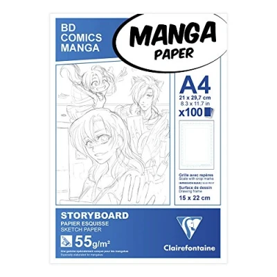 Obrázek Clairefontaine 94037C manga Blok Storyboard (ideální pro znaky a multitechnik, DIN A4, 21 x 29,7 cm, 100 listů, 55 g, s jednoduchou mřížkou) bílý