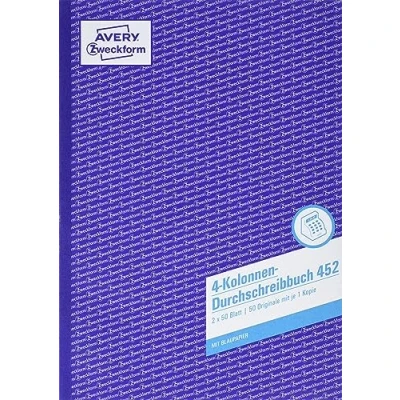 Obrázek AVERY Zweckform 452 propisovací kniha o kolonách A4, s 1 listem modrého papíru, sloupců, obchodní kniha, pro Německo a Rakousko k vytvoření originálu kopie, 2 x 50 listů), bílá