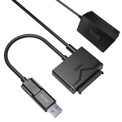 Obrázek BENFEI USB 3.0 na SATA adaptér, 2 v 1 C/USB III adaptér pevný disk 2,5 palce / 3,5 HDD/SSD a optická jednotka se síťovým adaptérem 12 V/2 A, podporuje UASP