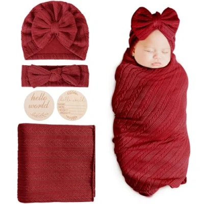 Obrázek DRESHOW Kojenecký šátek Baby deka novorozenec Swaddle Pucksack s lukem pro miminka čepice čelenka, 1 sada: Birth Announcement Card + Hat Hairband Blanket (Burgundy)