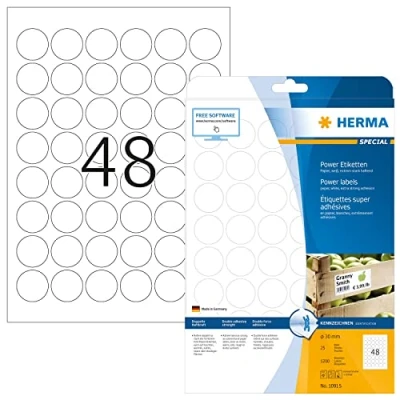 Obrázek HERMA 10915 Power etikety kulaté, 25 listů, Ø 30 mm, 48 archů A4, 1200 kusů, samolepicí, lze potisknout, extrémně silně přilnavé, prázdné papírové lepicí nálepky, bílé