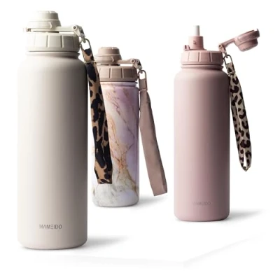 Obrázek MAMEIDO Termoska s brčkem, 700 ml, nepropustná láhev na pití z ušlechtilé oceli, vodu poutkem nošení, izolační bez BPA (Ivory béžová, 0,7 l)