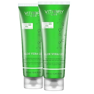 Obrázek Vitabay aloe vera gel 100 % (99,9 %) 2 x 250 ml After Sun Lotion pleťový krém proti slunci na obličej pánský přírodní kosmetika šťáva hydratační