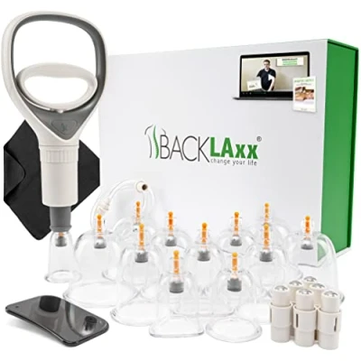 Obrázek BACKLAXX ® baňky s vakuovou pumpou kvalitní nerozbitnou baňkou z plastu, terapeutickými magnety, vč. video kurzu (12 kusů), sada baňkových sklenic
