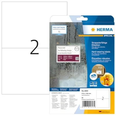 Obrázek HERMA 4693 fóliové etikety odolné proti povětrnostním vlivům, 25 listů, 210 x 148 mm, 2 na arch formátu A4, 50 kusů, samolepicí, k potisku, matné, prázdné samolepicí nálepky z fólie, bílé