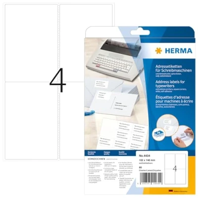 Obrázek HERMA 4434 adresní štítky pro psací stroje, 20 listů, 102 x 148 mm, 4 arch A4, 80 kusů, samolepicí, s možností potisku, matné, prázdné papír, lepicí etikety na adresu, bílé