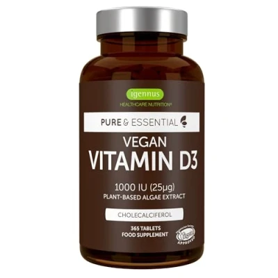 Obrázek Vitamín D3 1000 IE vegan, 1 roční zásoba, cholekalciferol, 100% rostlinný z extraktu řas, 365 tablet, od Igennus